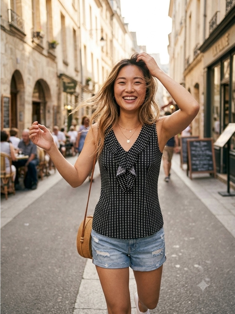 LOFT Black Polka Dot V-Neck Tank with Front Tie